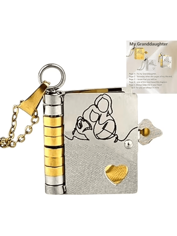 For Granddaughter Book Necklace, The Most Beautiful Chapter Book Necklace - Personalized Granddaughters Necklaces Gift, Mini Engraved Inspirational Keepsake from Grandma(Silver+Gold)