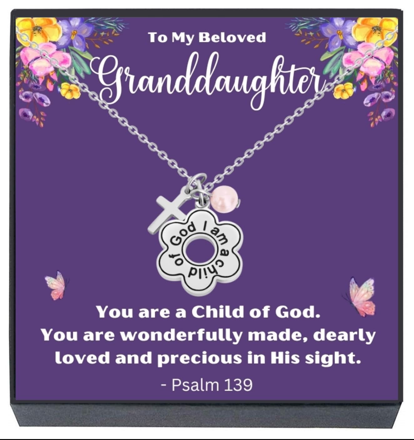 SHERIDANSTAR Granddaughter Cross Necklace, Granddaughter Baptism Gifts, First Communion, Religious, Christian Jewelry Gifts "I Am A Child Of God" Flower Cross Pendant for Little Girls, Teens Tweens, Kids