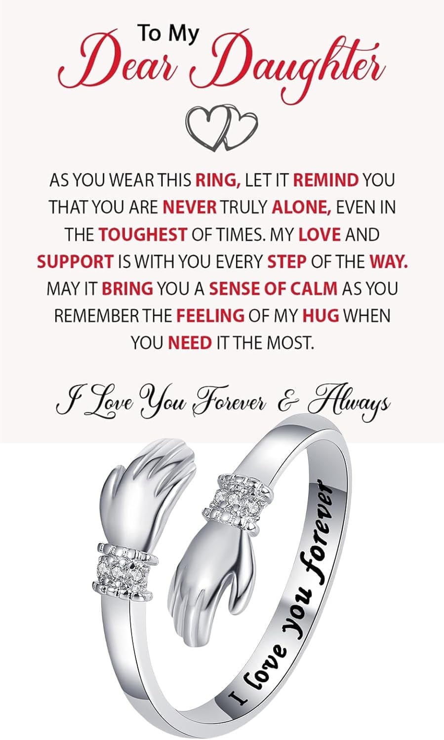 Hug Ring For Women - Adjustable Sterling Silver/Gold Plated 'I Love You Forever' Engraved Ring