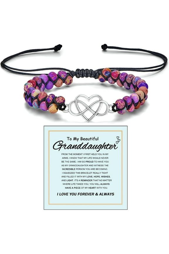 To My Granddaughter/Daughter/Mom Gift From Grandma -Infinity Heart Bracelet For Women, Natural Emperor Stone Double Layer Purple Beaded Woven Wrap Bracelets Adjustable Mind Peace Jewelry