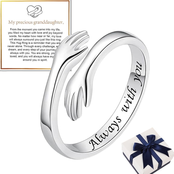 To My Granddaughter - Hug Ring,925 Silver Adjustable Hug Ring for Granddaughter with Gift Box,Always Keep Me In Your Heart 925 Silver Rings Granddaughter Gift from Grandma for Birthday(B)
