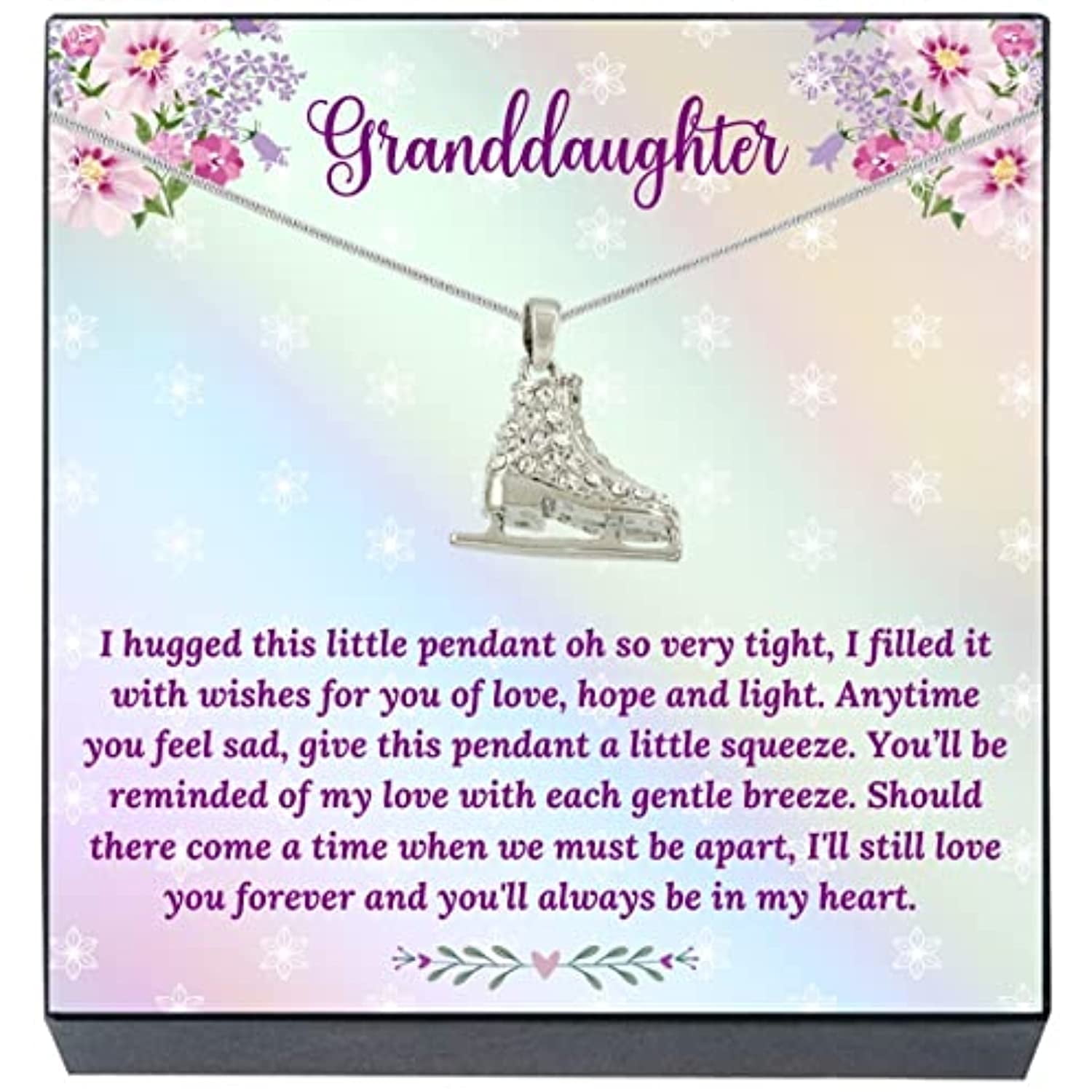 Granddaughter Ice Skate Pendant Necklace, Granddaughter Jewelry Gifts, Birthday Christmas Presents for Teens, Tweens (Clear)