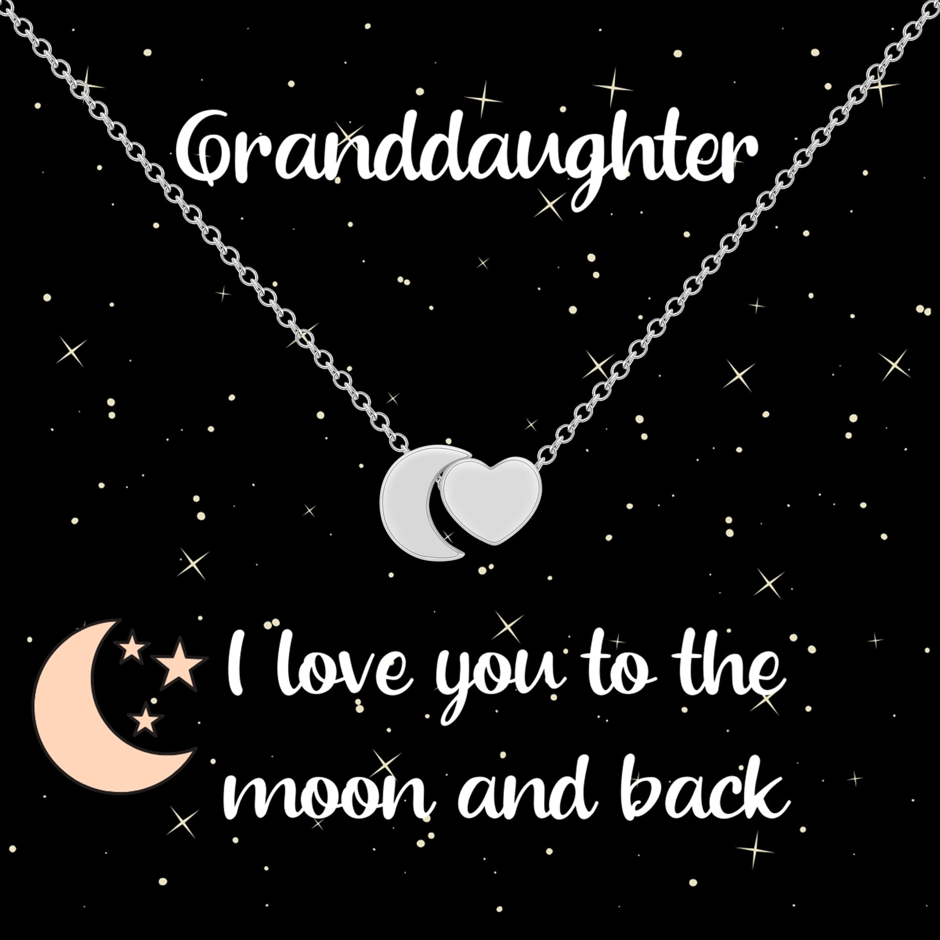 Granddaughter Jewelry Necklace Gift I Love You To The Moon and Back Pendant Necklace on Message Card, Christmas Presents for Teens, Tweens, Women (Silver Tone)