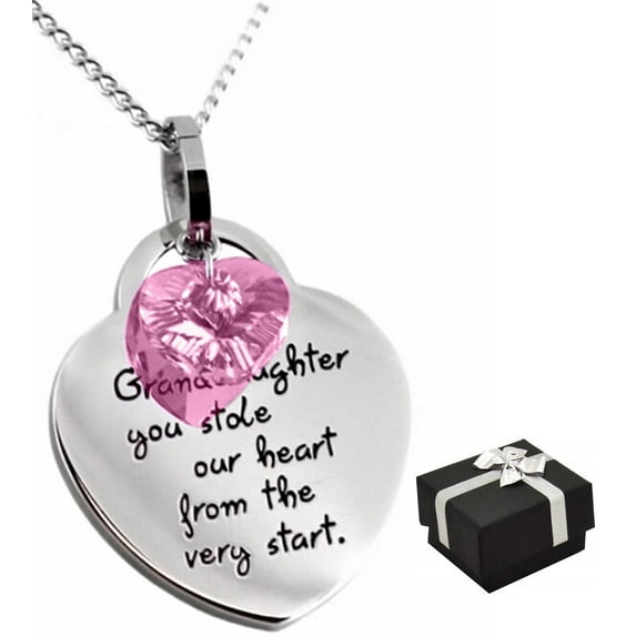 Granddaughter Jewelry Necklace Gifts - ''Granddaughter You Stole Our Heart'' Keepsake Sentimental Christmas Heart Necklace for Stocking Stuffer, Birthday Presents for Teens (Pink)