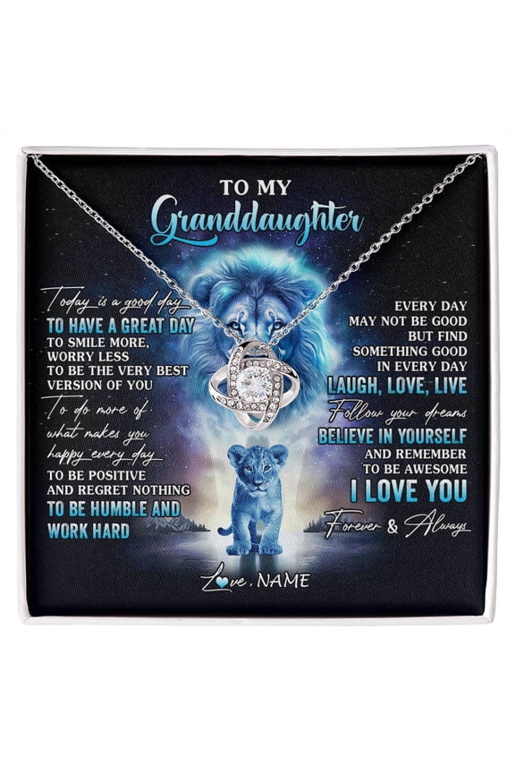 Granddaughter Lion Every Day Laugh Love Live Necklace, Gold Love Knot Necklace