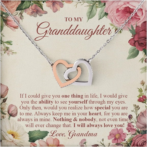 To My Granddaughter Necklace from Grandma, Double Heart Pendant Jewelry, Birthday Graduation Christmas Gift for Granddaughter, Sentimental Love Quote Card, Keepsake Present with Gift Box