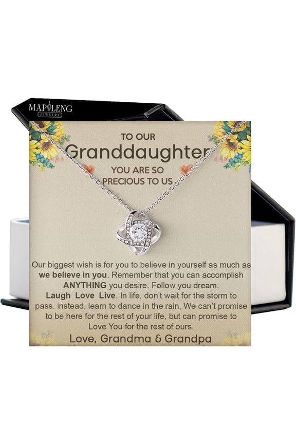 To My Granddaughter Necklace From Grandparents With Message Box, Granddaughter From Grandma Grandmother Or Grandpa Grandfather, Grand Daughter On Graduation Birthday #624, Gold Love Knot Necklace