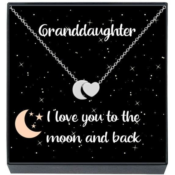 Granddaughter Pendant Necklace Jewelry Gifts I Love You to The Moon and Back Heart & Moon Pendant Necklace for Christmas, Stocking Stuffer Presents for Teens, Women(Silver)