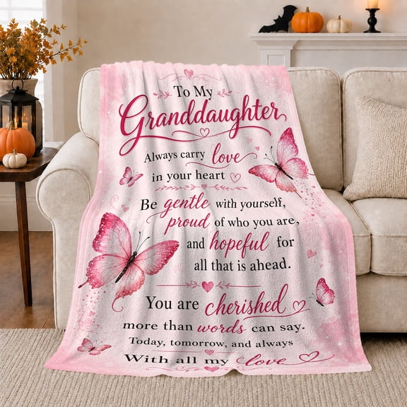 To My Granddaughter Quote with Butterflies, Inspirational Graphic Style for Granddaughters, Heartfelt Family Message and Graduation Gift, Cozy Flannel Blanket for Bedroom and Dorm, Home Decor