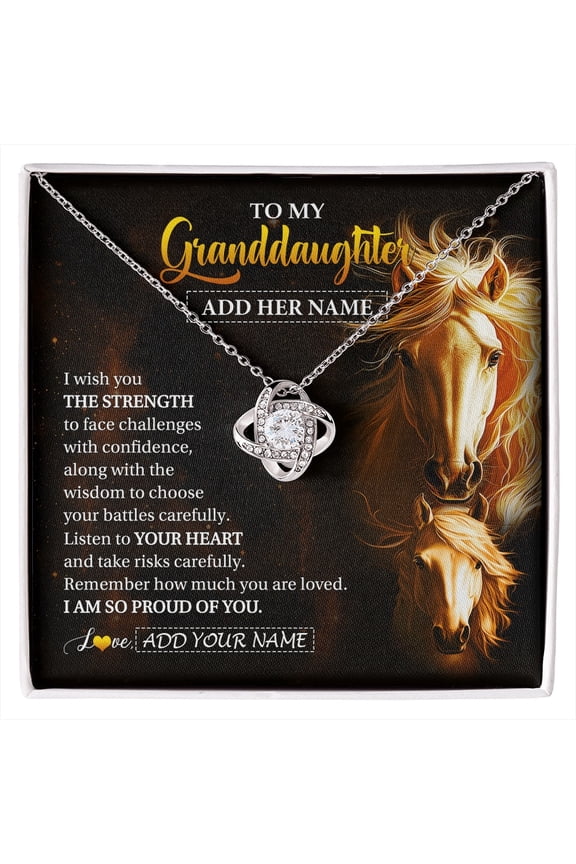 Granddaughter Strength Horse Necklace, Gold Love Knot Necklace
