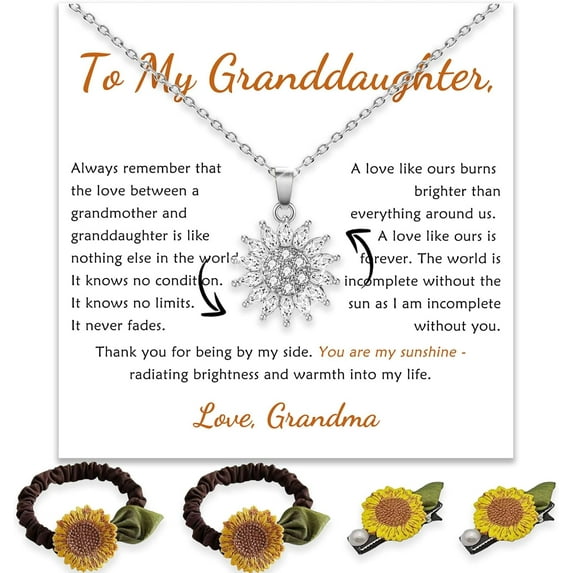 To My Granddaughter Sunflower Fidget Necklace, With 4PCS Hair Accessories, Sunflower Fidget Necklace For Granddaughter, Spinning Sunflower Necklace Pendant, Granddaughter Gifts from Grandma