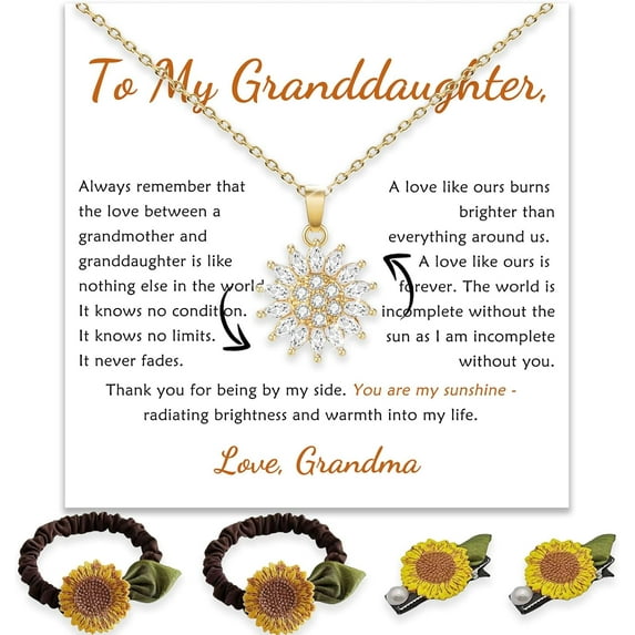 To My Granddaughter Sunflower Fidget Necklace, With 4PCS Hair Accessories, Sunflower Fidget Necklace For Granddaughter, Spinning Sunflower Necklace Pendant, Granddaughter Gifts from Grandma