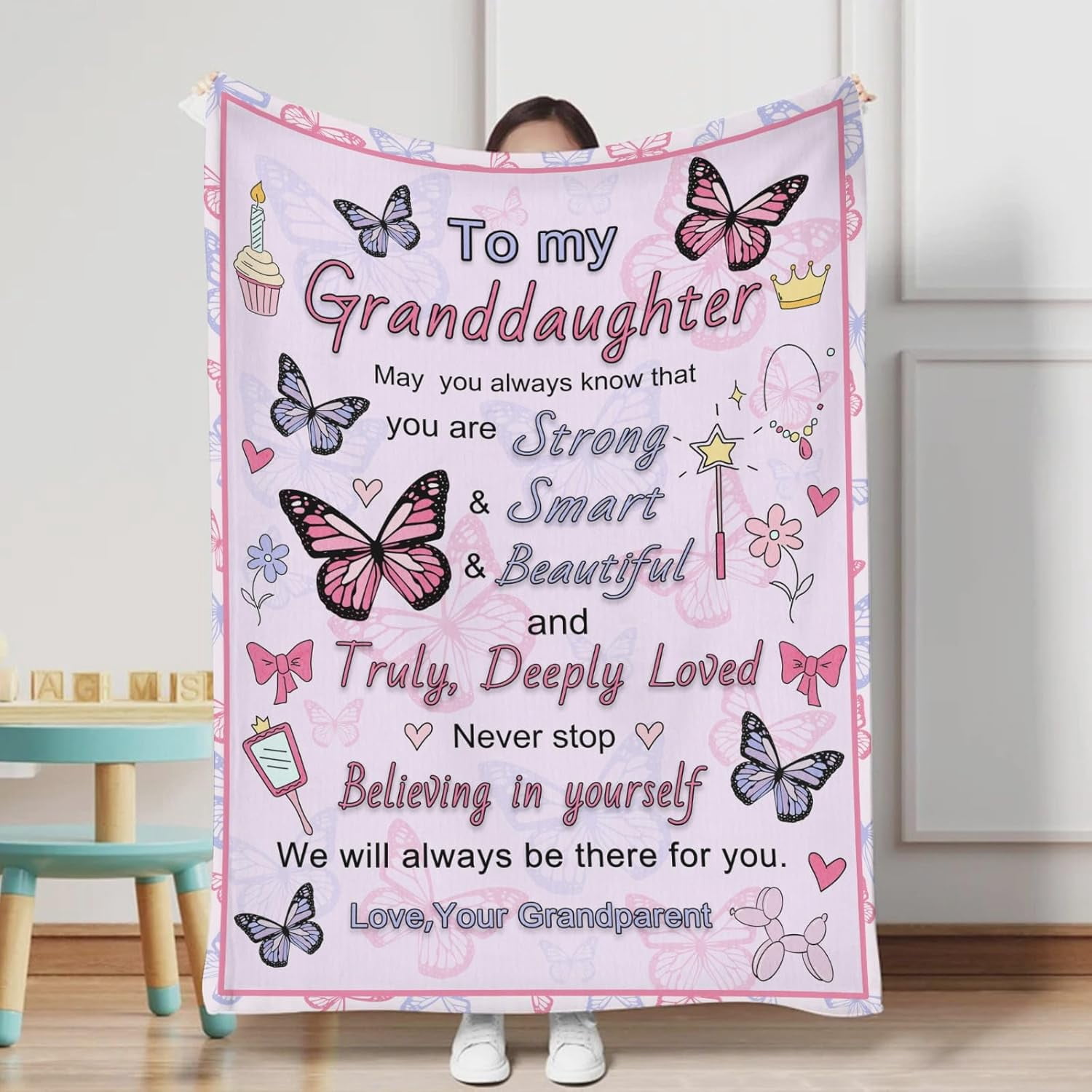 to My Granddaughter Throw Blanket, Butterfly Granddaughter Gift Blanket, Granddaughter Birthday Gifts Idea, Gift for Granddaughter from Grandpa Grandma, Granddaughter Easter Gifts-50 * 60