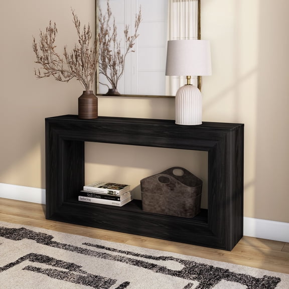 Grande Console Table w/ Bottom Shelf (56in / 1420mm), Black Wirebrush
