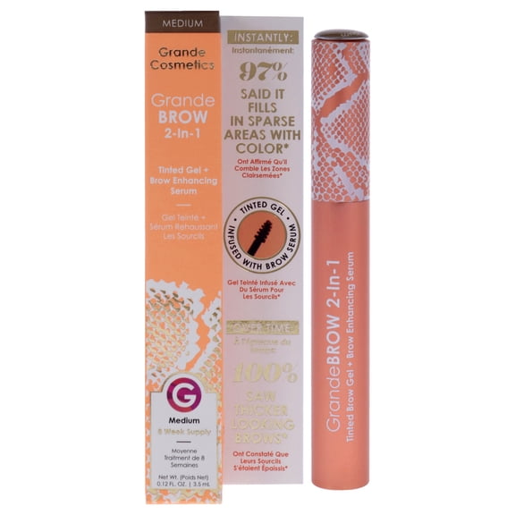 Grande Cosmetics GrandeBROW 2-In-1 Tinted Brow Gel plus Brow Enhancing Serum - Medium , 0.12 oz Eyebrow Gel