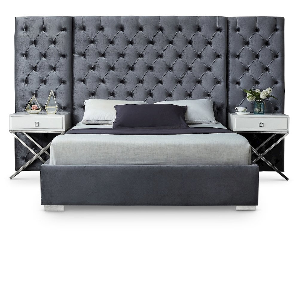 Grande Grey Velvet Upholstered Queen Bed with Tufted Headboard