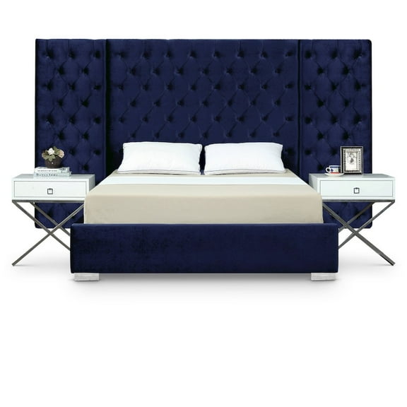 Grande Navy Velvet Queen Bed-Color:Navy Velvet,Style:Contemporary