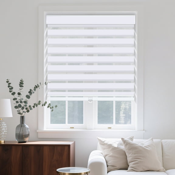 Grandekor Cordless Zebra Blinds for Windows Pull Down Roller Shades Free-Stop,34"W x 48"H,Jacquard-White Fabrics,Valance,Thermal Insulated for Home, Office, Bedroom