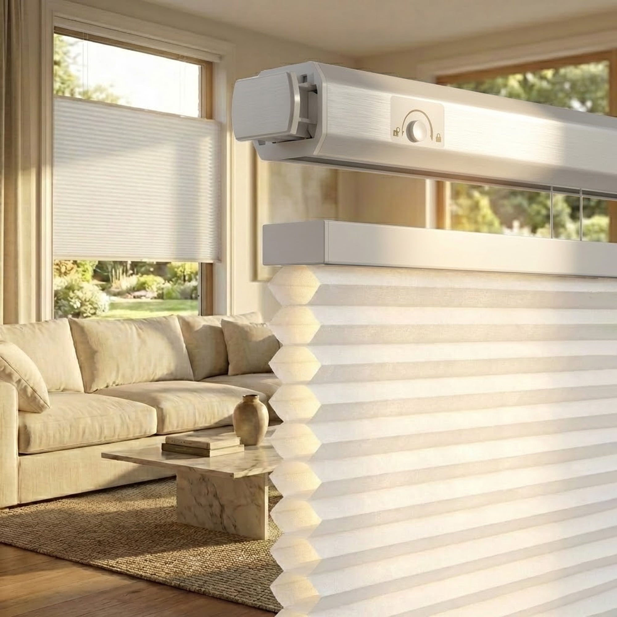 Grandekor No Drill Top Down Bottom Up Cellular Shades, 1.5 Inch Large Cell Cordless Light Filtering Honeycomb Blinds for Indoor Windows, Thermal Privacy, Rental Friendly White 35"W x 64"H