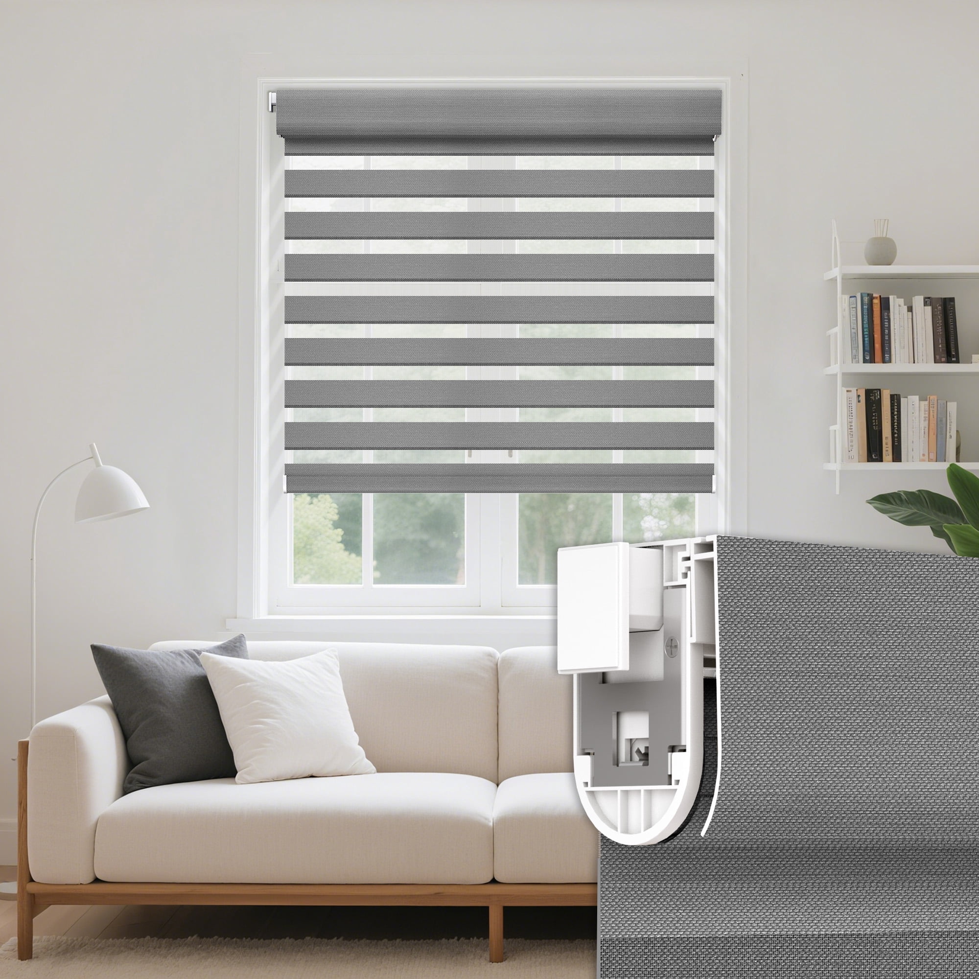 Grandekor No Drill Zebra Blinds for Windows,Cordless Zebra Shades Dual Layer, Pull Down Roller Shades Free-Stop,34"W x 72"H,Grey,Easy to Install for Home, Office, Bedroom