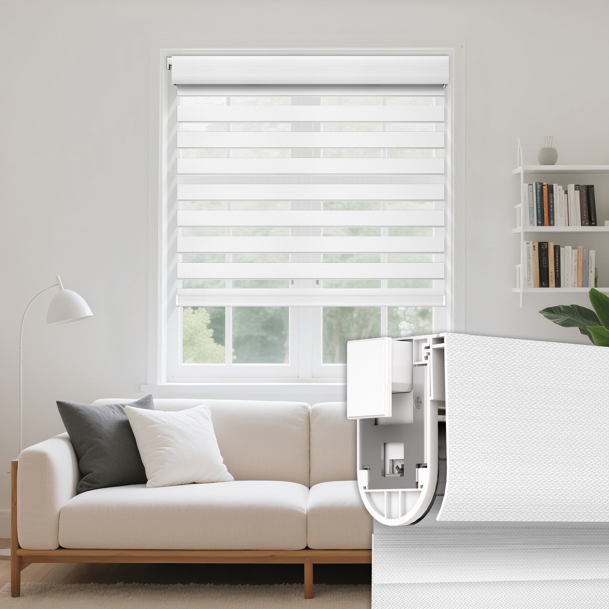 Grandekor No Drill Zebra Blinds for Windows,Cordless Zebra Shades Dual Layer, Pull Down Roller Shades Free-Stop,35"W x 64"H,White,Easy to Install for Home, Office, Bedroom