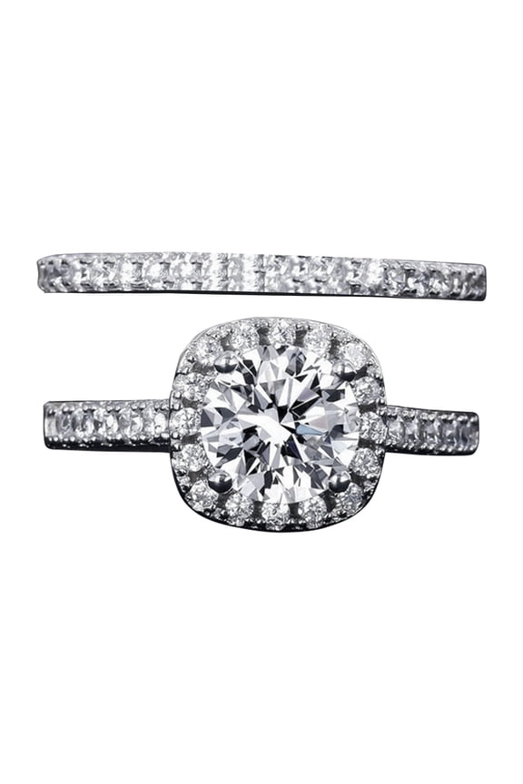 Grandest Birch 1 Pair Couple Rings Geometric Square Rhinestones Jewelry Exquisite Bright Luster Rings for Wedding Alloy Silver
