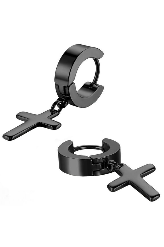 1 Pair Ear Dangle Cross Pendant Eco-friendly Stainless Steel Huggie Hinged Hoop Earrings for Men Stainless Steel Bl