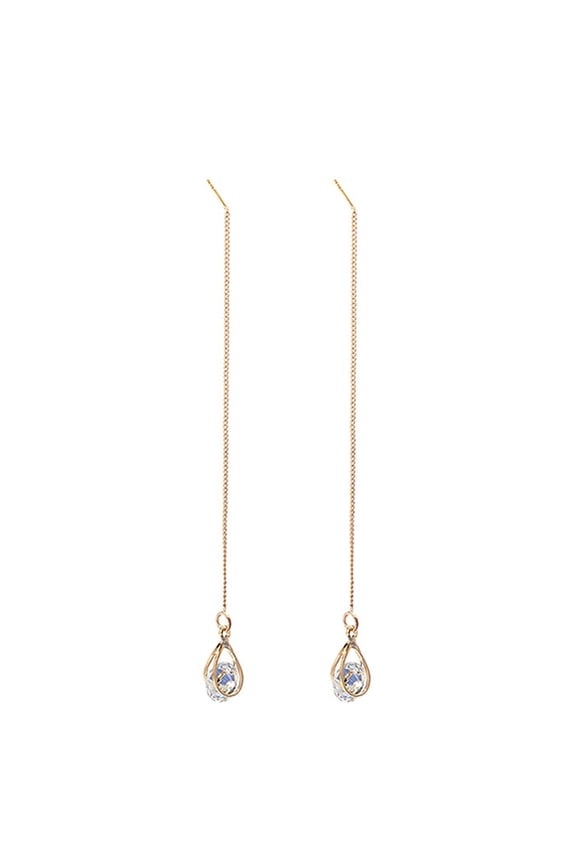 1 Pair Earrings Lead Free Long Chain Teardrop Shape Rhinestone Inlaid Ear Line for Party Alloy Gold