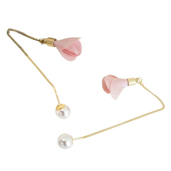 Grandest Birch Women Flower Drop Faux Pearl Dangle Long Chain Earrings Jewelry Charm Metal, Faux Pearl Pink