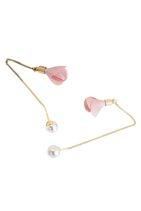 Women Flower Drop Faux Pearl Dangle Long Chain Earrings Jewelry Charm Metal, Faux Pearl Pink