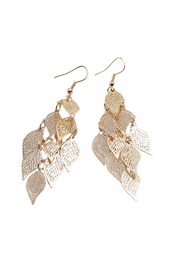 1 Pair Lady Earrings Leaf Shape Long Exquisite Creative Drop Earrings for Prom Alloy Gold