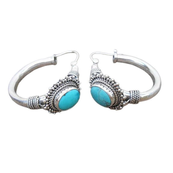 Grandest Birch 1 Pair Unique Carved Oval Piercing Hoop Earrings Blue Turquoise Bohemia Retro Earrings Jewelry Accessories Alloy Si