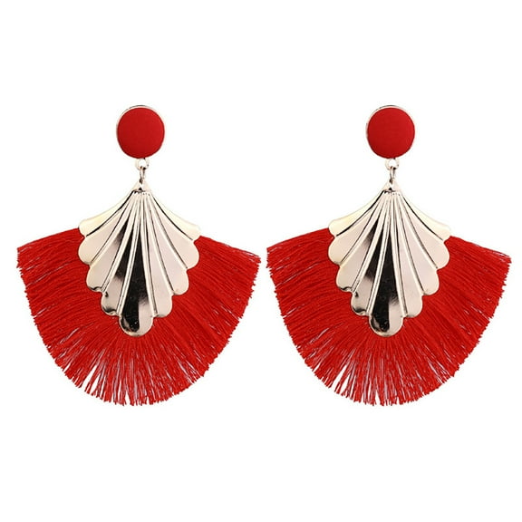 Grandest Birch 1 Pair Women Creative Bohemia Fringed Fan Shape Dangle Earrings Jewelry Gift for Party Metal Red