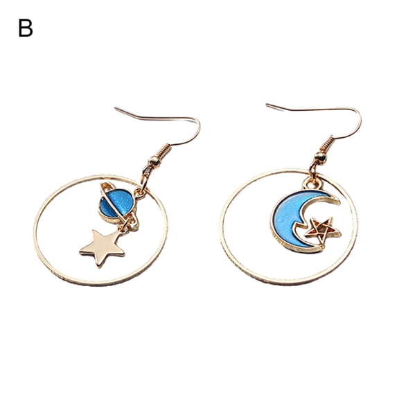 Grandest Birch 1 Pair Women Drop Earrings Cartoon Moon Star Asymmetric Jewelry Planet Pendant All Match Hook Earrings for Daily We