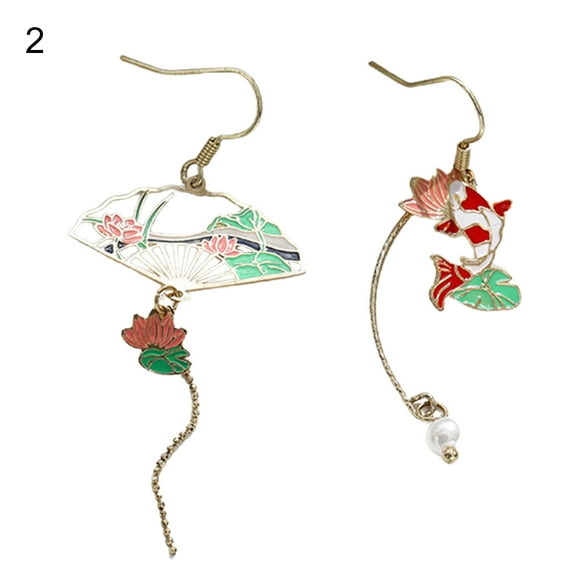Grandest Birch 1 Pair Women Earrings Fan Crane Asymmetry Jewelry Animal Pendant Faux Pearl Painted Hook Earrings for Dating Alloy