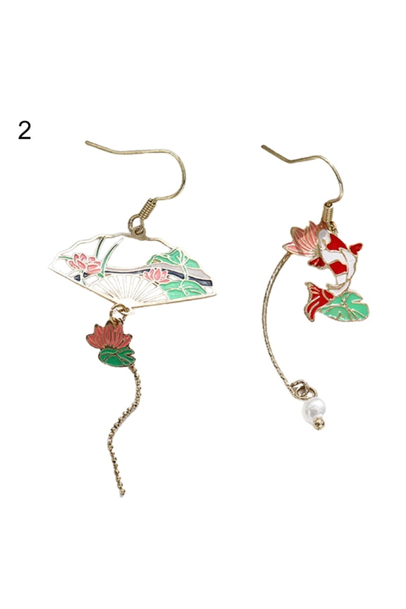 1 Pair Women Earrings Fan Crane Asymmetry Jewelry Animal Pendant Faux Pearl Painted Hook Earrings for Dating Alloy