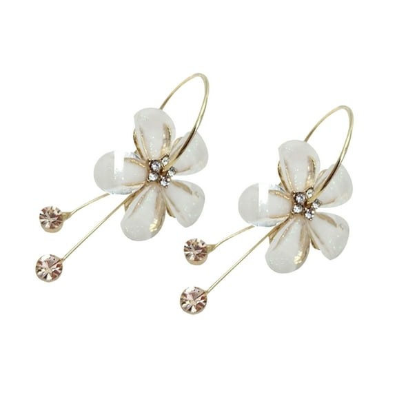Grandest Birch 1 Pair Women Petal Flower Shape Rhinestone Inlaid Alloy Dangle Earrings for Wedding Party Rhinestone,Alloy White
