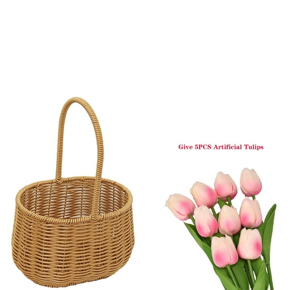 Grandest Birch 1PC Flower Basket with Handle Woven (give 5PCS flowers) Flower Storage Basket for Home Wedding Garden Decoration