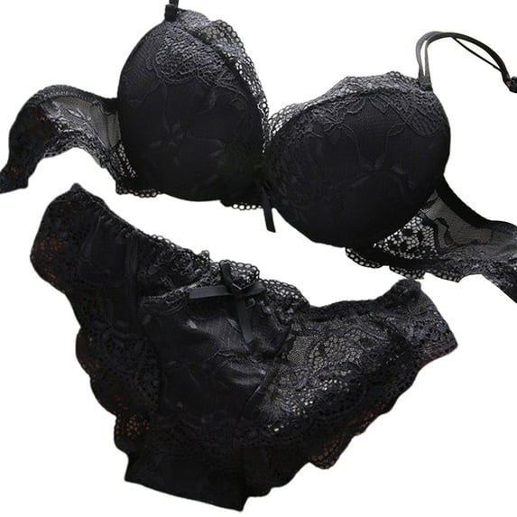 Grandest Birch 2 Set Women Underwear Set Bra Panties Set Lace Push Up Elastic Deep V Neck Solid Color Soft Padded With Wire Bow-knot Back Closure Lady Intimate Clothes Black L