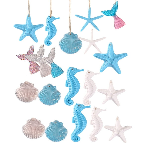 Grandest Birch 20Pcs Resin Pendants Compact Cartoon Seashell Starfish Hippocampus Shape Xmas Tree Pendants Ornaments Holiday Supp