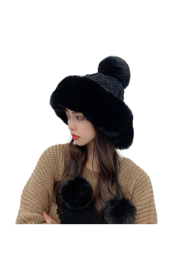 2PCS Faux Fur Knitted Beanie Hat for Cold Weather Cute Four Pompom Ball Cossack Skiing Furry Hat Winter Thicken Warm Hat,Black