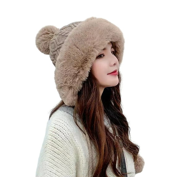 Grandest Birch 2PCS Faux Fur Knitted Beanie Hat for Cold Weather Cute Four Pompom Ball Cossack Skiing Furry Hat Winter Thicken Warm Hat,Dark Khaki
