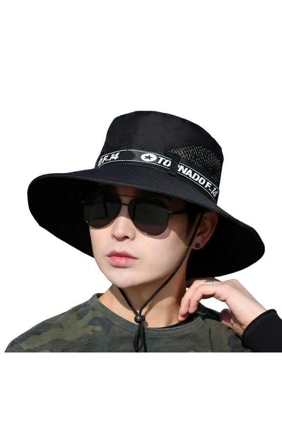 2PCS Men Outdoor Hat Sunscreen Wide Brim Flat Top Round Letter Print Anti-UV Windproof Strap Hollow Out Men Fisherman Hat Headwear,Black