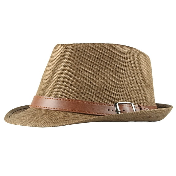 Grandest Birch 2PCS Men Sun Hat Solid Color Breathable Sun Belt Decor Flat Top Sunshade Vintage Curled Edge Men Straw Hat Headwear Coffee