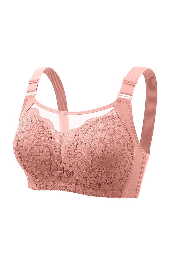 2PCS Mid-aged Women Bra Adjustable Shoulder Strap Plus Size Lace Mesh Floral Embroidery Wireless Good Breathability Push-up Sport Yoga Daily Lady Bra Cameo Brown 38B