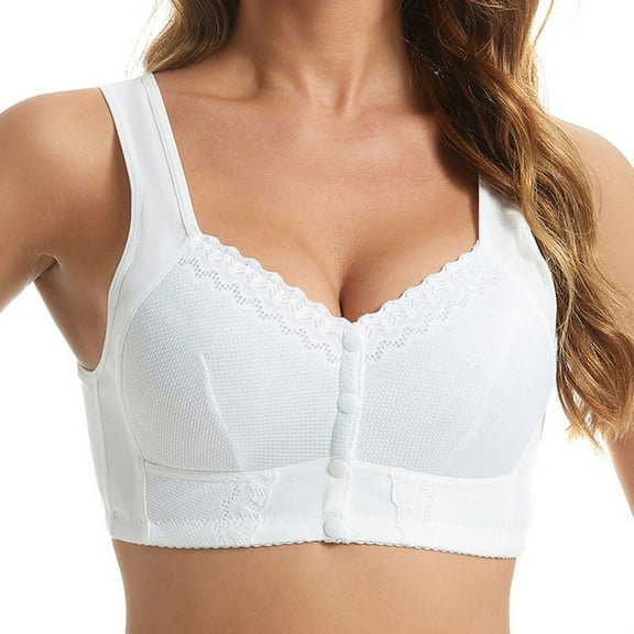 Grandest Birch 2PCS Middle-Aged Elderly Underwear Women Lace Splicing Vest Style Bra Wide Straps Wireless Full Cup Easy Close Bra Front Buckle Brassiere,White,42