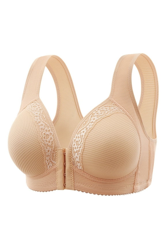 2PCS Women Bra Elastic Elastic Strap Front Closure Solid Color Lace Shockproof Push-up Anti-snagging Wireless Yoga Daily Bra,Apricot,42C