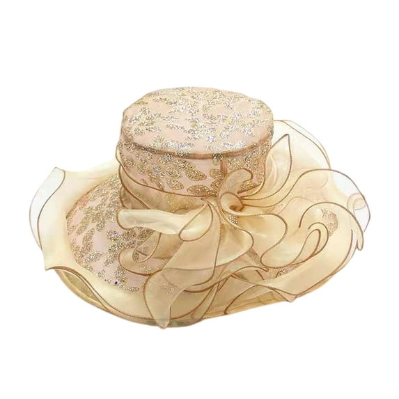 Grandest Birch 2PCS Women Church Cap Wide Brim Cloth Flower Foldable Hot Stamping Sequins Sun Hat for Wedding,Khaki