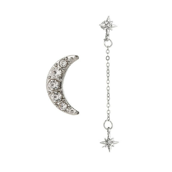 Grandest Birch 2Pcs/Set Earring Vintage Moon Star Chain Rhinestone Alloy Unique Ear Stud for Women Rhinestone,Alloy Silver