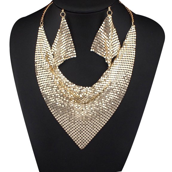 Grandest Birch 2Pcs/Set Women Triangular Scarf Sequins Charm Statement Bib Necklace Earrings Alloy Gold